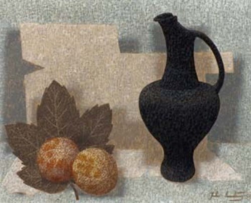 Lot 413 - John Armstrong, Still life with black jug and fruit, oil.