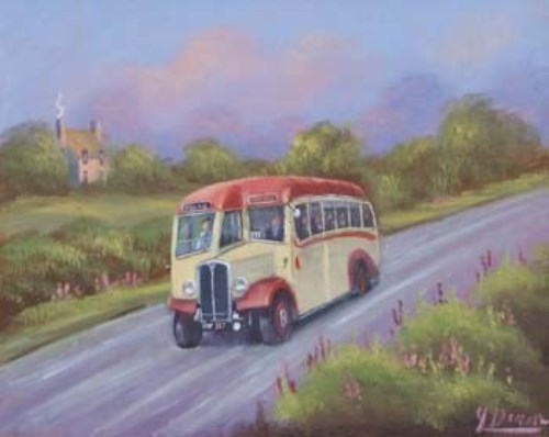Lot 481 - James Downie, Bus on country lane, oil.