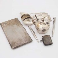Lot 378 - Silver kettle, cigarette case, teaspoons, vestas