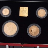 Lot 433 - Cased proof gold set of £5, £2, sovereign, half sovereign.