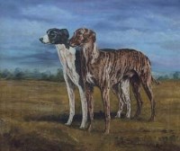 Lot 582 - Peter Carter, Jamie Woo and Dunroamin - Portrait of two Greyhound Derby Winners, oil.