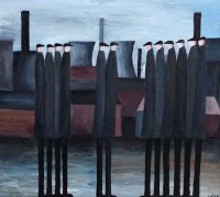 Lot 636 - Nick Webb, Flat Caps and Factories, oil.