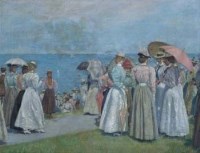 Lot 784 - Attributed to Grimshaw, Figures promenading, oil.