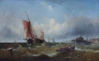 Lot 785 - J.C. Wake, French coastal view with shipping, oil.