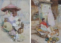 Lot 808 - David Woodlock, A Flower Stall, Venice, and A Market Corner, Paris, watercolour (2)