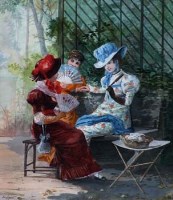 Lot 813 - Francois Lanfant, Ladies conversing in a garden terrace, gouache