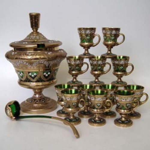 Lot 93 - Green overlay glass punch set.