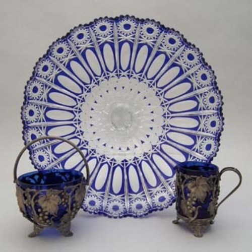 Lot 96 - Large blue cased glass stem dish and two EP and
