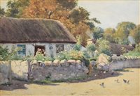 Lot 318 - John MacDougal, Rural lane with cottages and chickens, watercolour.