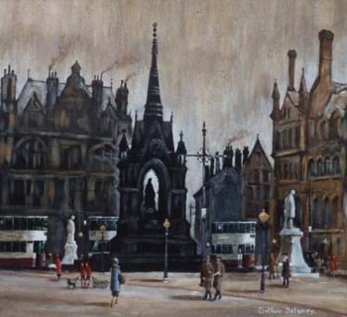 Lot 413 - Arthur Delaney, Albert Square with figures and trams, oil