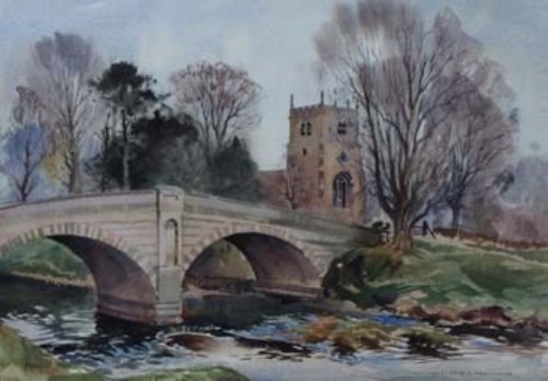 Lot 528 - John H. Nicholson, Rural view with church, watercolour