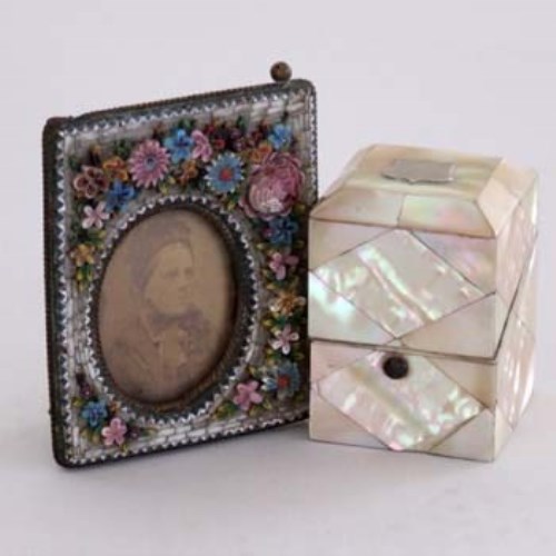 Lot 23 - pearl ring box and floral encrusted picture