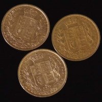 Lot 240 - Three Victoria young head sovereigns, 1864, 1872