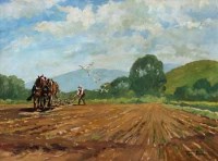 Lot 386 - Fred Hall, Ploughing scene, oil