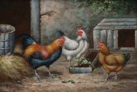 Lot 388 - R. Horton, Farmyard scene with chickens, oil
