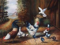 Lot 389 - R. Horton, Farmyard scene with chickens, oil