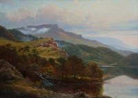 Lot 424 - Andrew Grant Kurtis, Mountainous lake view with figures fishing, oil