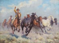 Lot 446 - Janus Viski, Rounding up the horses, oil