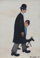 Lot 450 - Bob Jones, Figure study, after L.S. Lowry, oil