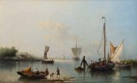 Lot 574 - Nicolaas Riegen (1827-1889), Dutch river scene with figures and shipping, oil