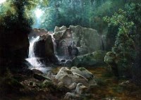Lot 580 - Thomas Finchett, A waterfall in a wooded river landscape, oil