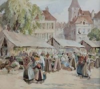 Lot 605 - Percy Lancaster, Market Town in Brittany, watercolour