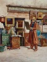 Lot 610 - Antonio Canella, An antique dealer standing outside his shop, watercolour