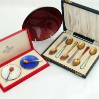 Lot 287 - David Andersen enamelled silver set and a set of