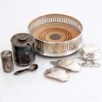 Lot 291 - Silver coaster two silver labels, mustard pot and