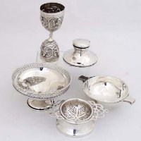 Lot 319 - Silver quaiche, inkwell, strainer, dish, cup.