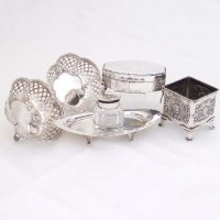 Lot 336 - Silver inkstand, jewellery box, pair bon bon