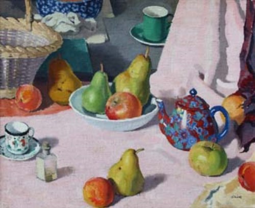 Lot 482 - Pierre Adolphe Valette, Still life with teapot, fruit and basket, oil