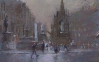 Lot 510 - Marc Grimshaw, Albert Square Memorial; Oxford Road and The Cathedral Manchester with Exchange Station, pastel (3)