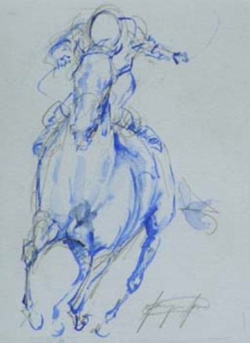 Lot 537 - Jacqui Jones, Final Furlong, watercolour and pencil