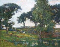 Lot 24 - A.W. Enness, Figures by a lake, oil