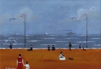 Lot 56 - Margaret Chapman, Figures on the beach, oil