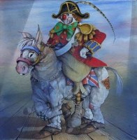Lot 63 - Francis Wainwright, Clown riding a pantomime horse, watercolour
