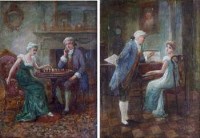 Lot 131 - Eva Hollyer, Playing chess and the piano recital, oil (2)