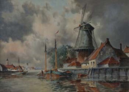 Lot 168 - Louis van Staaten, Dutch canal scene, watercolour