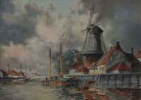 Lot 168 - Louis van Staaten, Dutch canal scene, watercolour