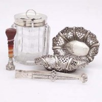 Lot 224 - Pair 18th Century Silver Sugar Tongs, PR Bonbon Dishes, Agate Seal, Silver Topped Jar