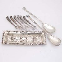 Lot 253 - Pair of silver salad servers, pin tray and six