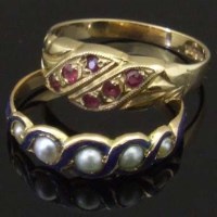 Lot 330 - Victorian pearl and enamel guilloche ring; 9ct