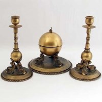 Lot 380 - Gilt Brass Pair Candlesticks and Inkwell