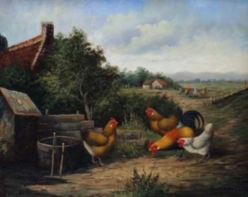 Lot 29 - R. Horton, Chickens in farmyard, oil
