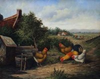 Lot 29 - R. Horton, Chickens in farmyard, oil