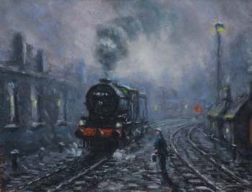 Lot 80 - Peter Coombs, Railway scene, oil