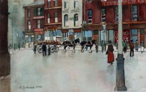 Lot 87 - Roger Eastwood, Manchester street scene with Yates's Wine Lodge, watercolour