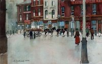 Lot 87 - Roger Eastwood, Manchester street scene with Yates's Wine Lodge, watercolour