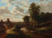 Lot 128 - George Bates, Rural view with figure and stream, oil